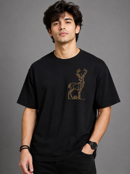 Deer & Lotus Embroidered Oversized T-Shirt | Black