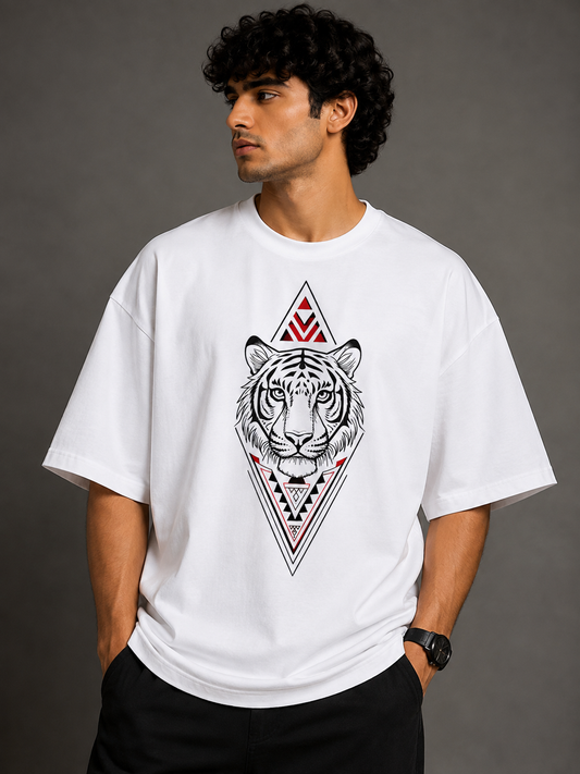 Geometric Tiger Embroidered Oversized T-Shirt | White