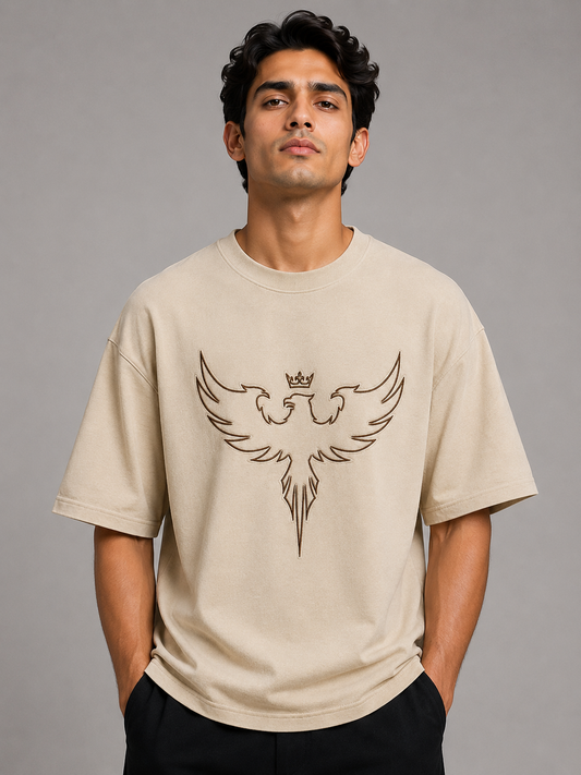 Royal Eagle Crest Embroidered Oversized T-Shirt | Beige