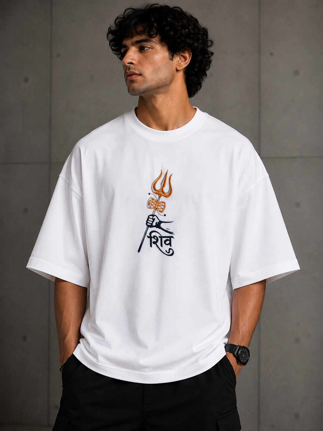 Shiv Trishul Hand Embroidered Oversized T-Shirt | White