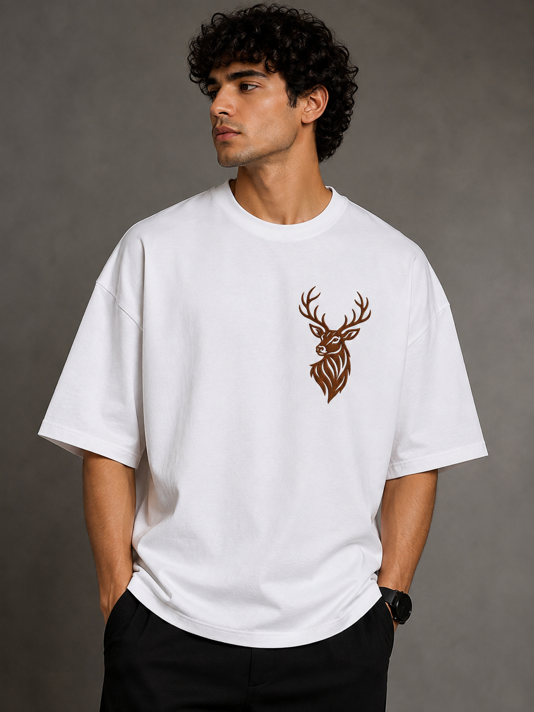 Wild Stag Chest Embroidered Oversized T-Shirt | White