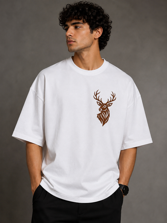 Wild Stag Chest Embroidered Oversized T-Shirt | White