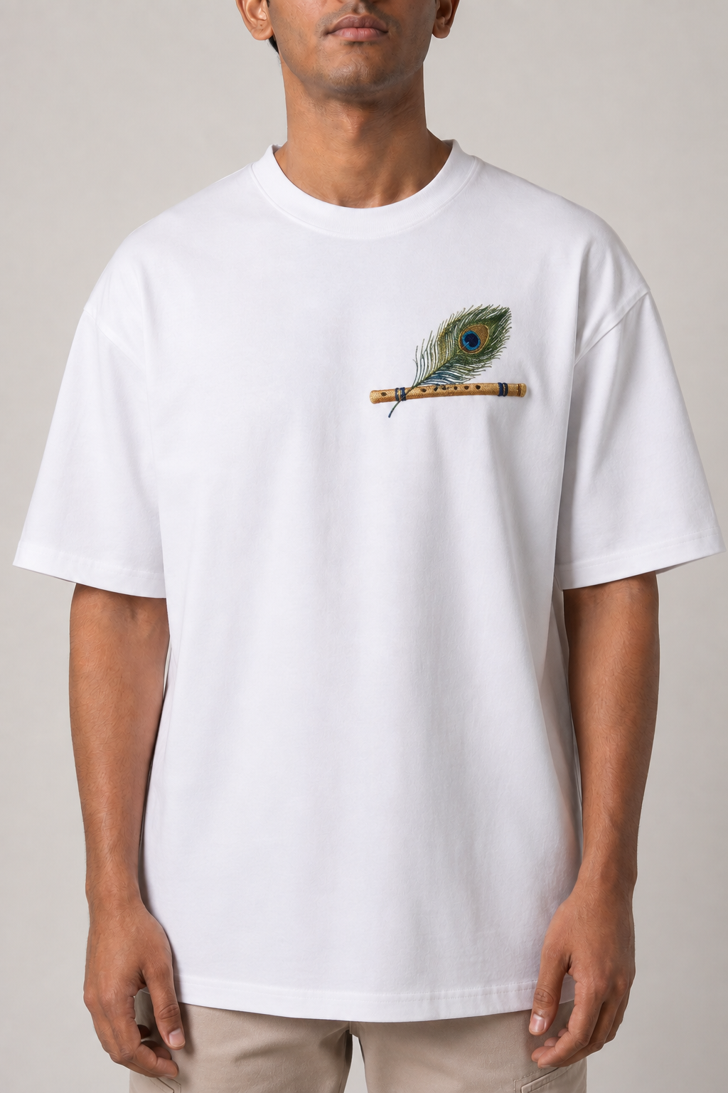Bansuri & Mor Pankh Embroidered Oversized T-Shirt | White