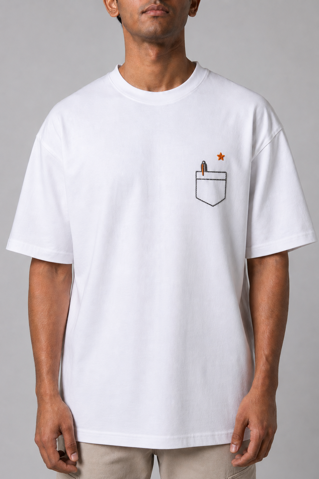 Pocket Illusion Minimal Embroidered Oversized T-Shirt | White