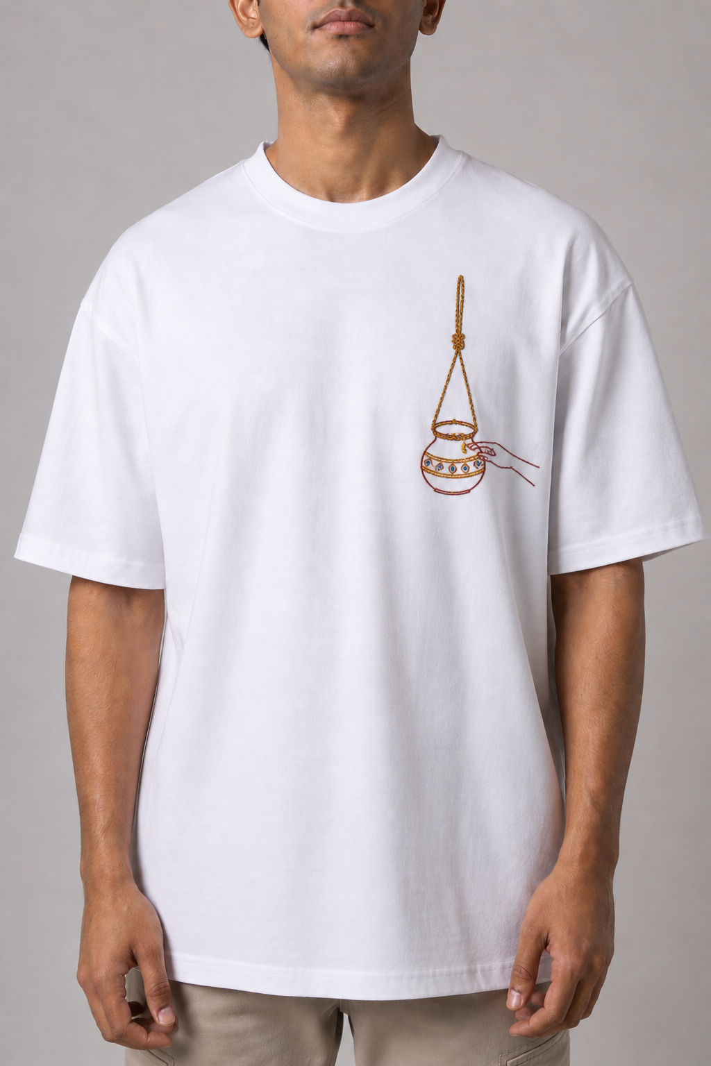 Dahi Handi Embroidered Matki Oversized T-Shirt | White