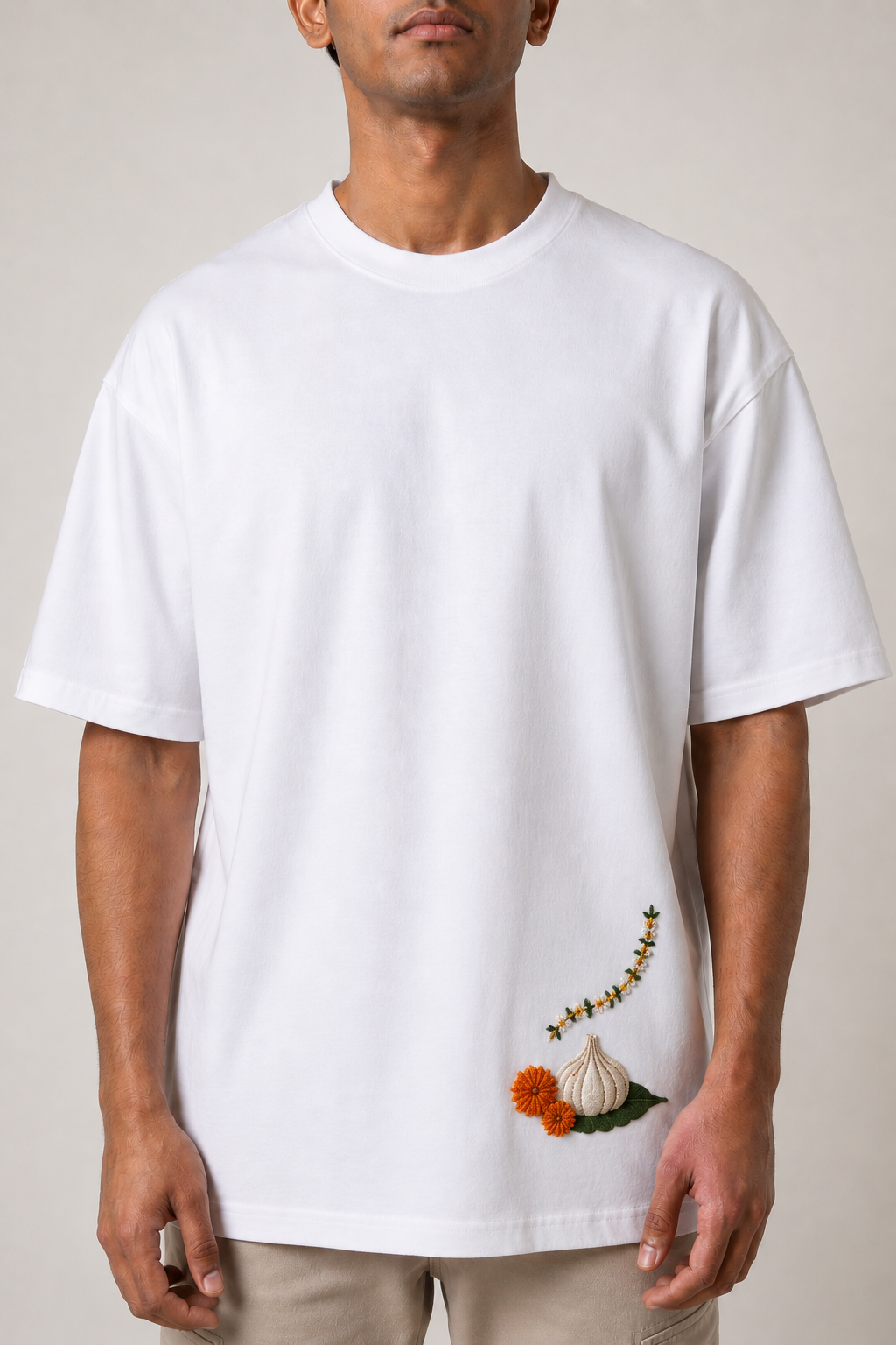 Modak & Marigold Embroidered Oversized T-Shirt | White