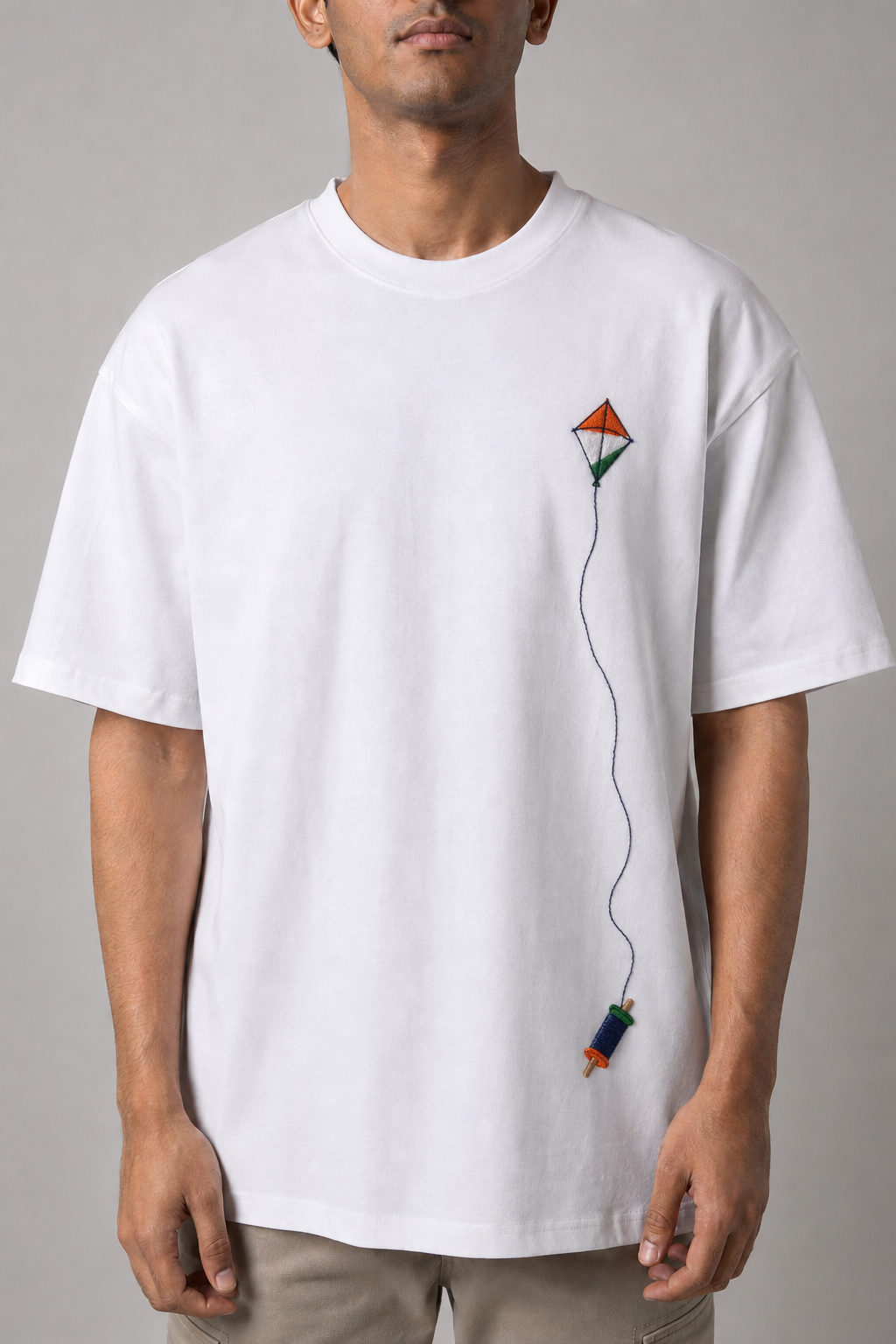 Patang Tiranga Kite Embroidered Oversized T-Shirt | White