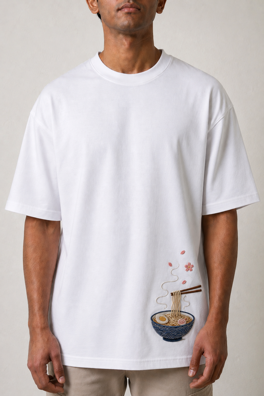 Sakura Ramen Embroidered Anime Oversized T-Shirt | White