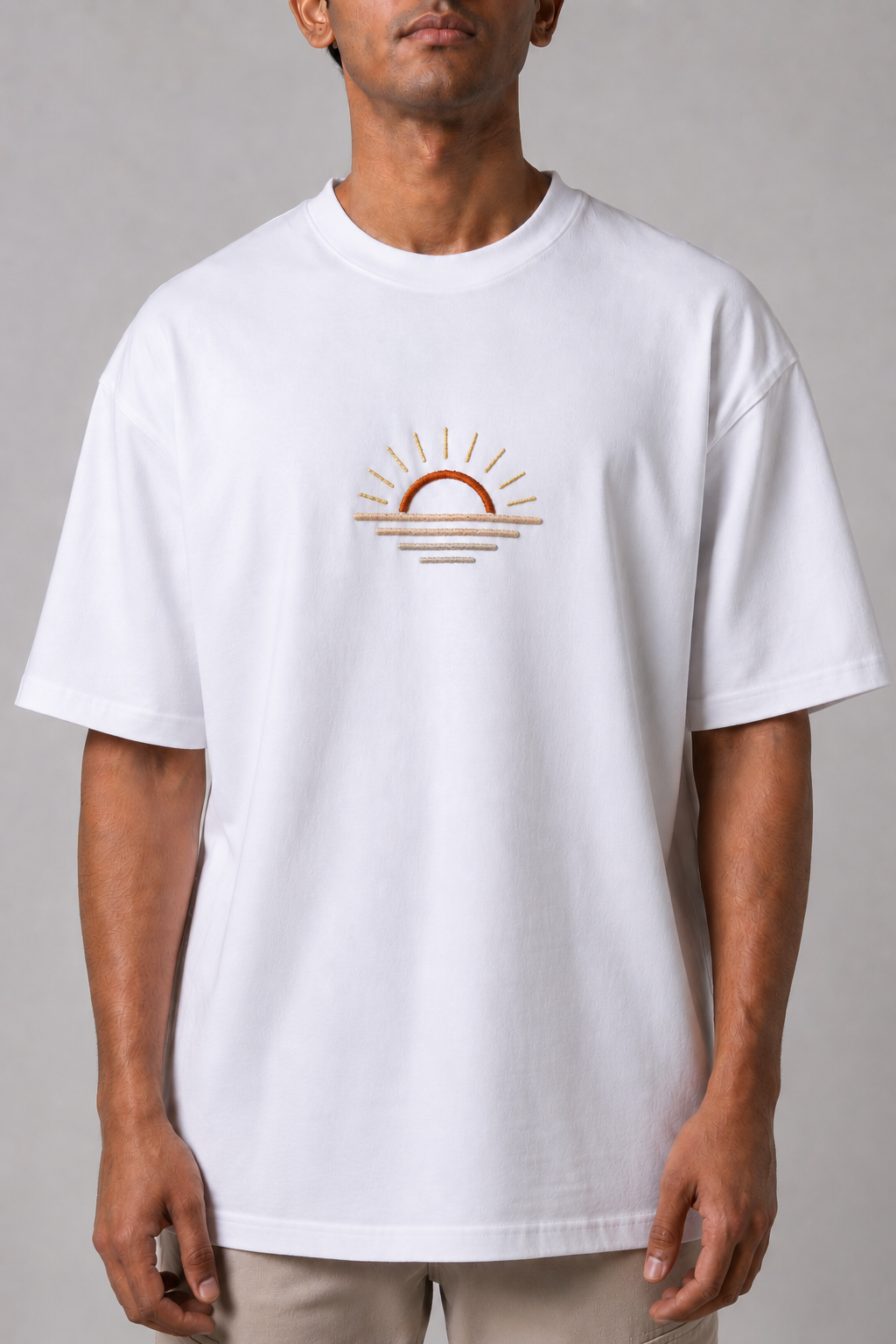 Sun & Horizon Minimal Embroidered Oversized T-Shirt | White
