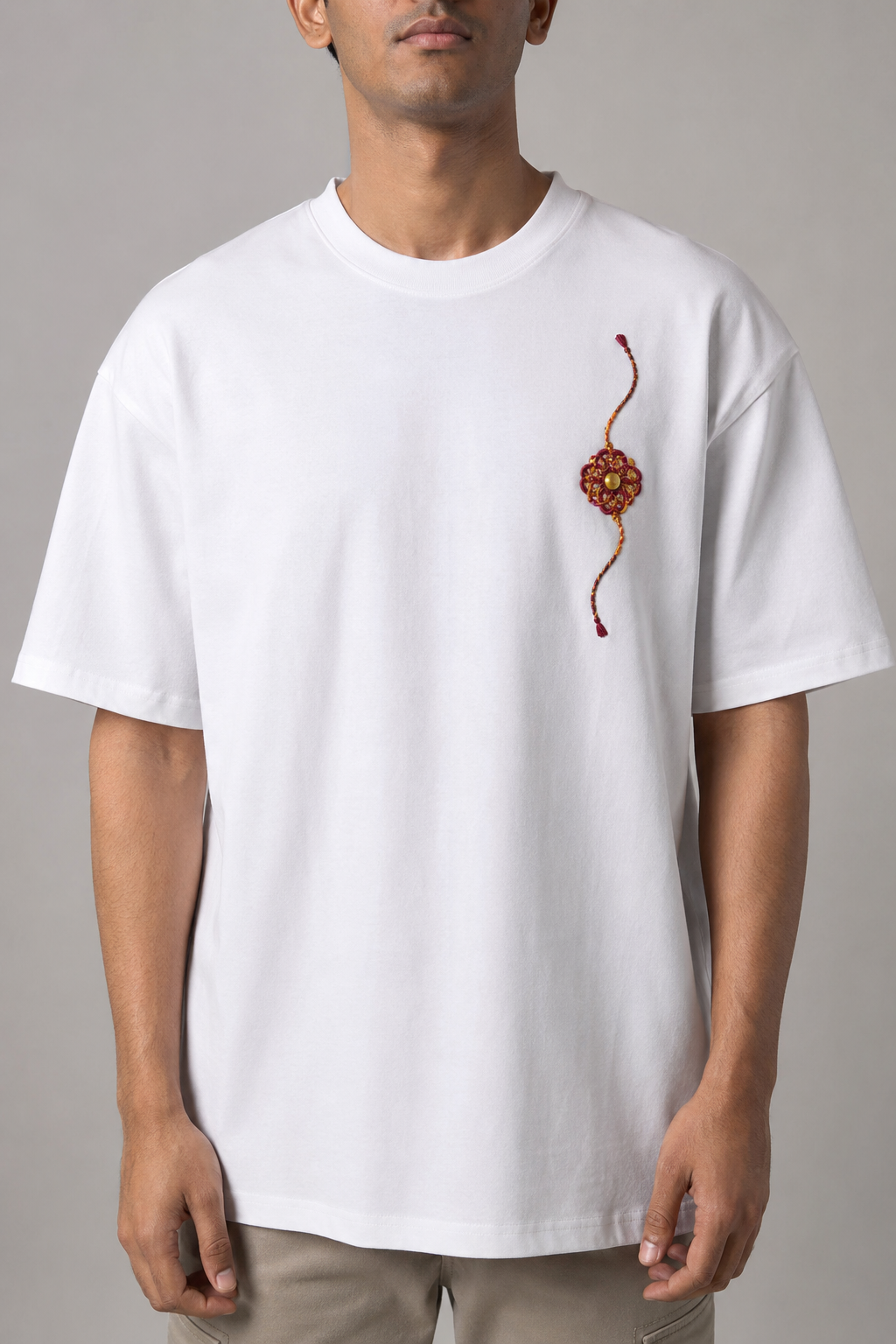 The Knot Embroidered Rakhi Oversized T-Shirt | White
