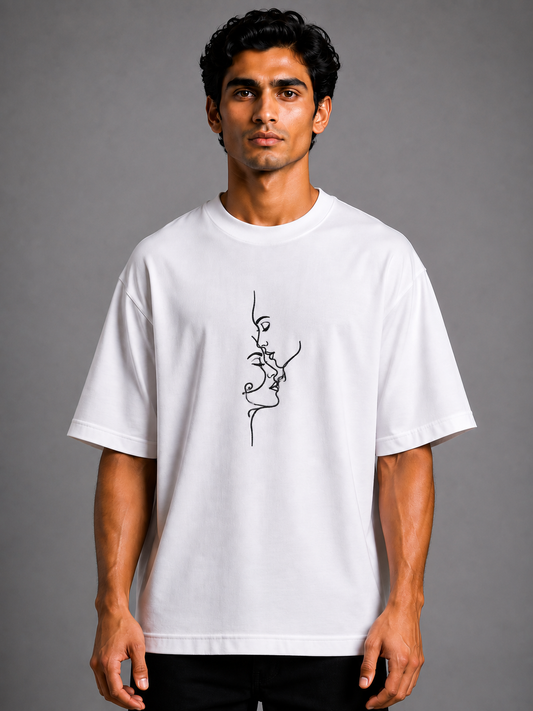 Entwined Faces Embroidered Oversized T-Shirt | White