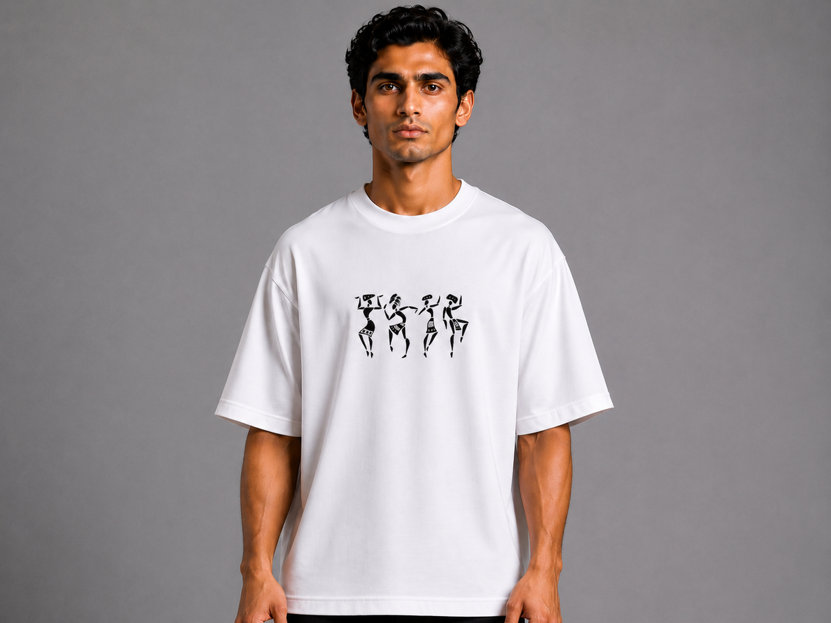 Warli Dancers Embroidered Oversized T-Shirt | White