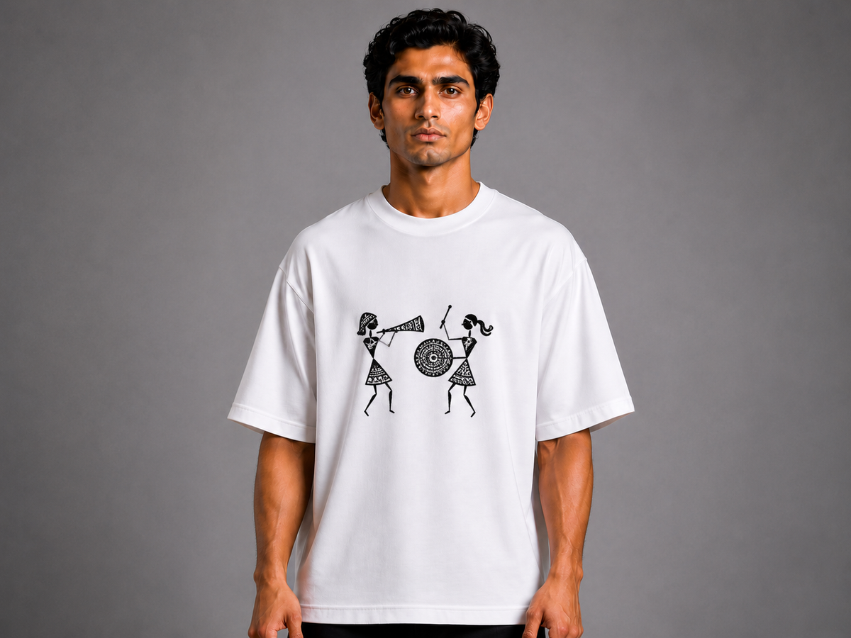 Warli Folk Duet Embroidered Oversized T-Shirt | White