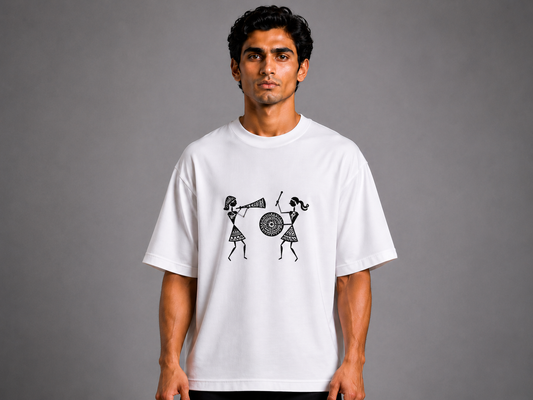Warli Folk Duet Embroidered Oversized T-Shirt | White