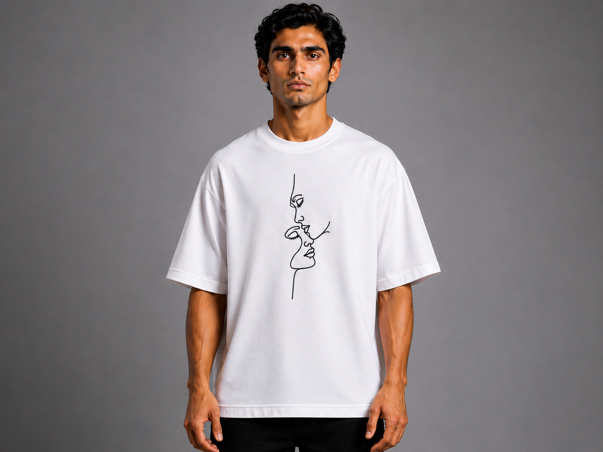 One-Line Lovers Embroidered Oversized T-Shirt | White