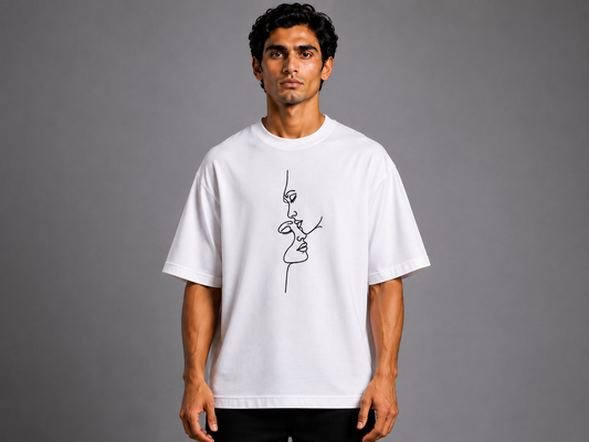 One-Line Lovers Embroidered Oversized T-Shirt | White