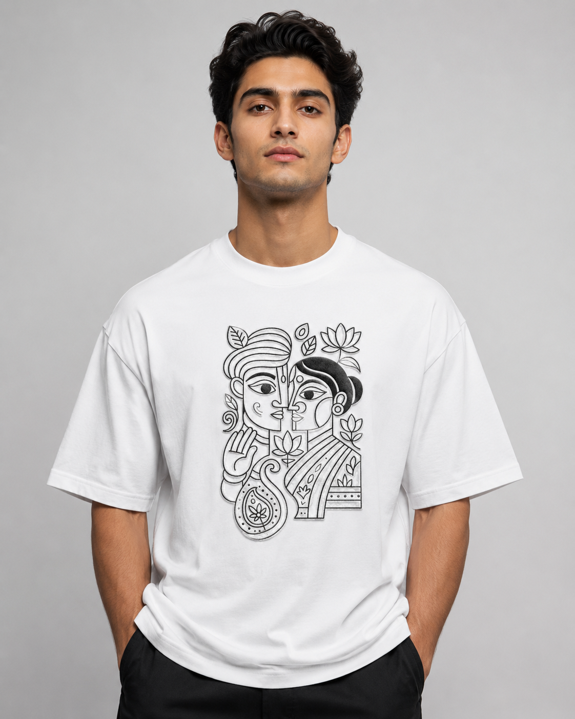 Bengal Folk Couple Embroidered Oversized T-Shirt | White