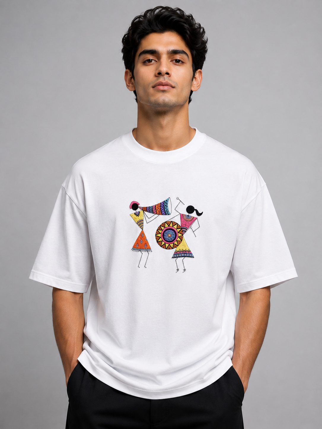 Warli Celebration Embroidered Oversized T-Shirt | White