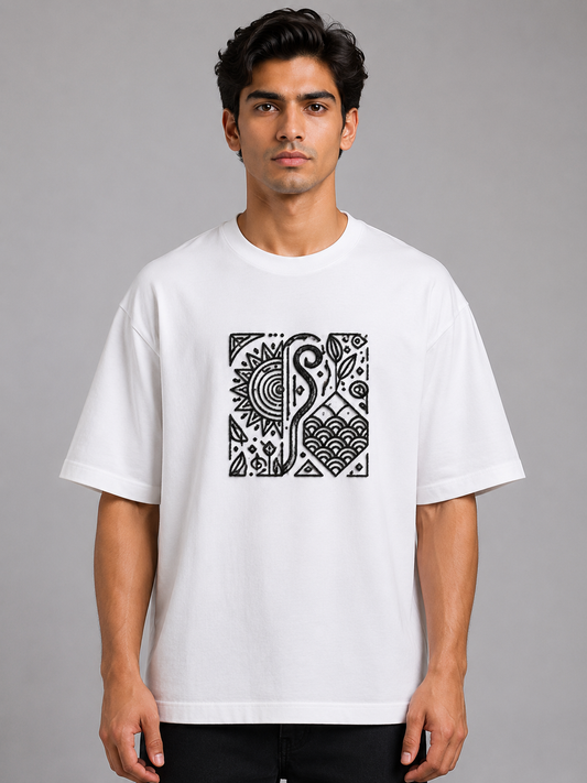 Sun & Serpent Folk Panel Embroidered Oversized T-Shirt | White