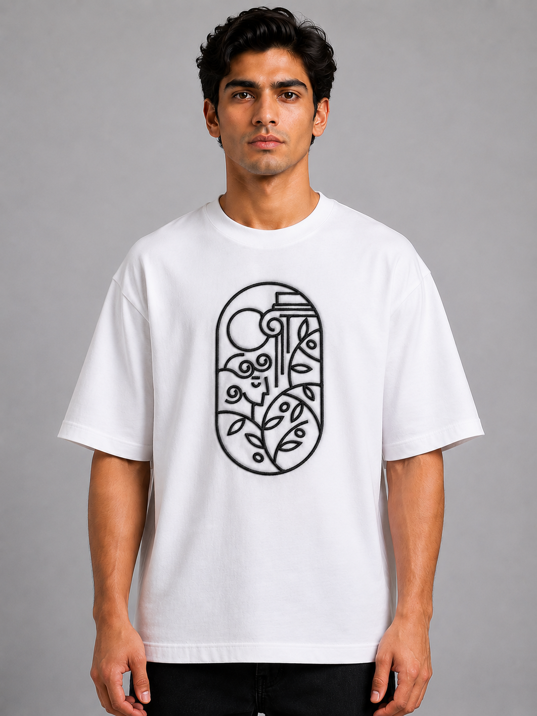 Art Deco Muse Embroidered Oversized T-Shirt | White