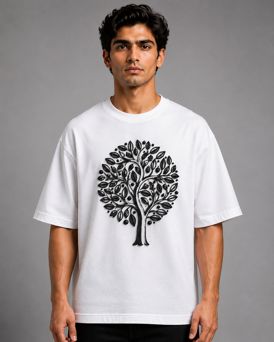 Tree of Life Embroidered Oversized T-Shirt | White