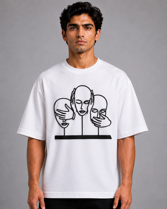 Three Wise Faces Embroidered Oversized T-Shirt | White