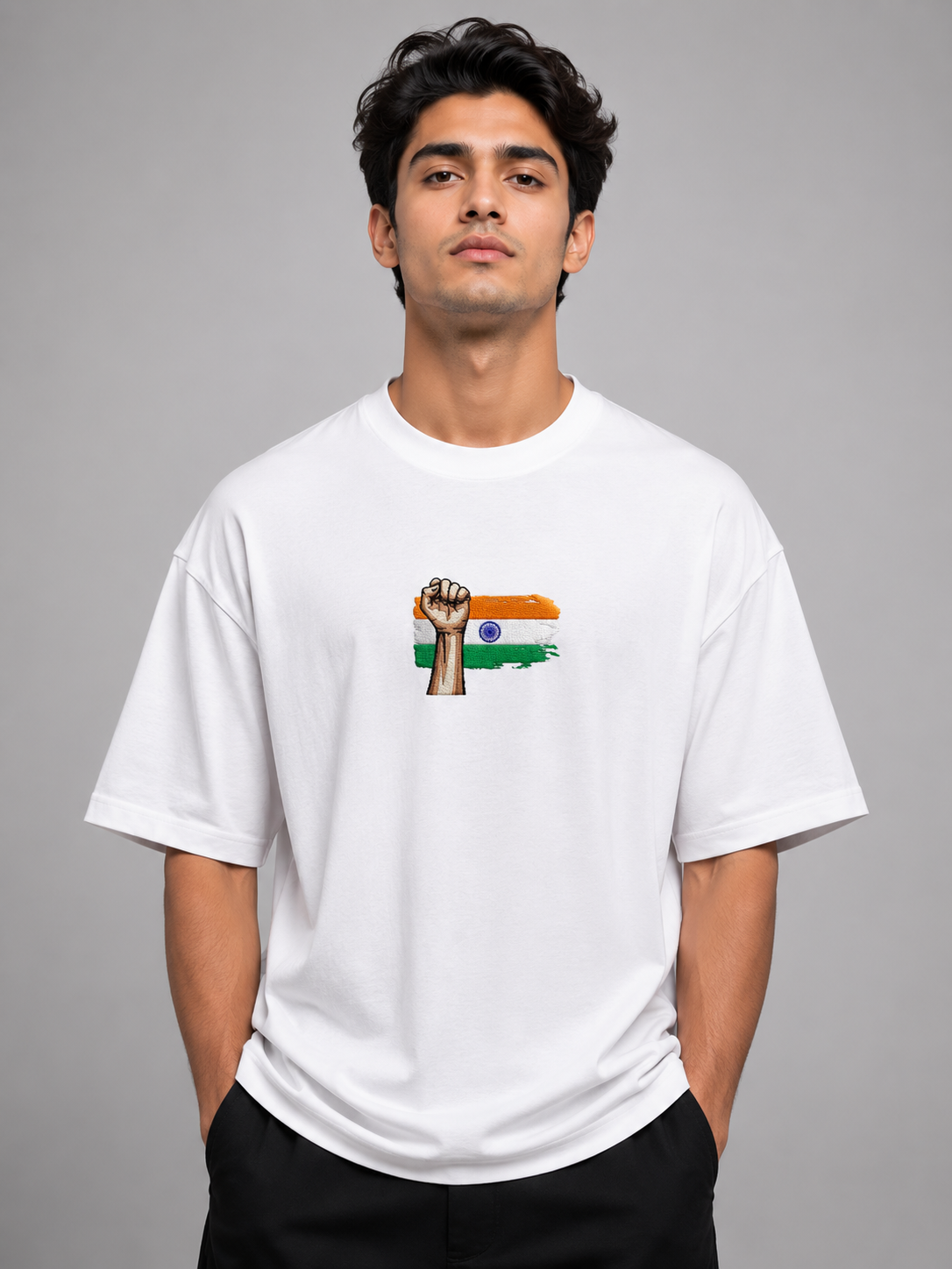 Rising Fist Tricolor Embroidered Oversized T-Shirt | White