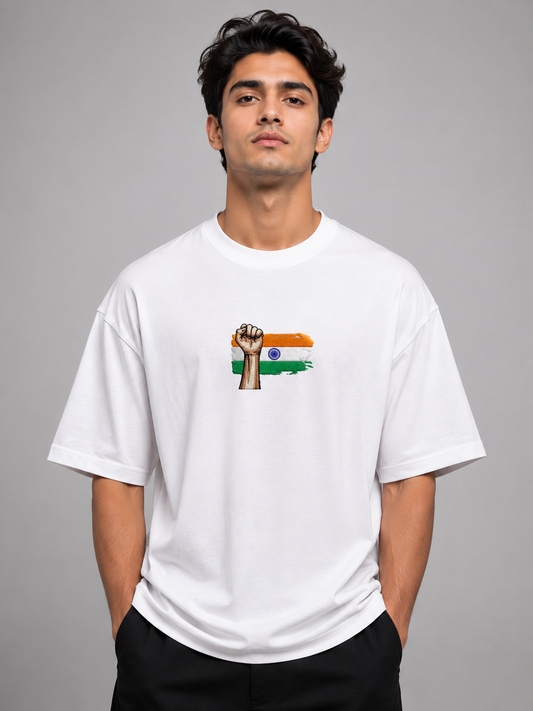 Rising Fist Tricolor Embroidered Oversized T-Shirt | White