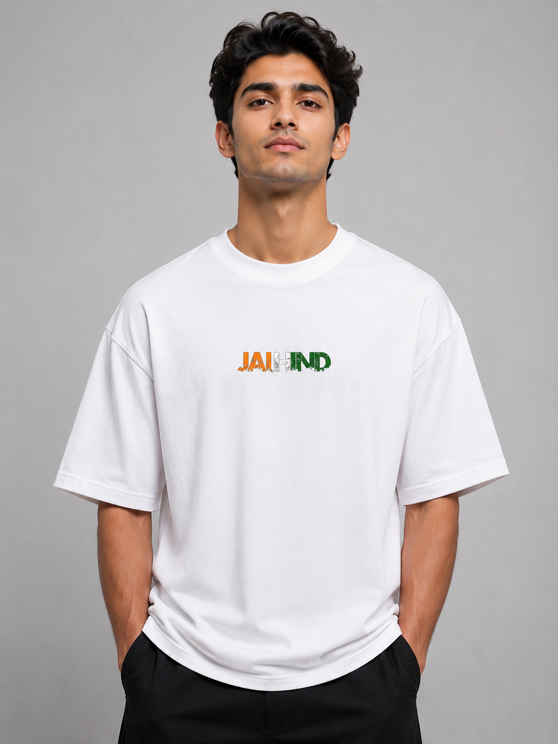 Jai Hind Skyline Embroidered Oversized T-Shirt | White
