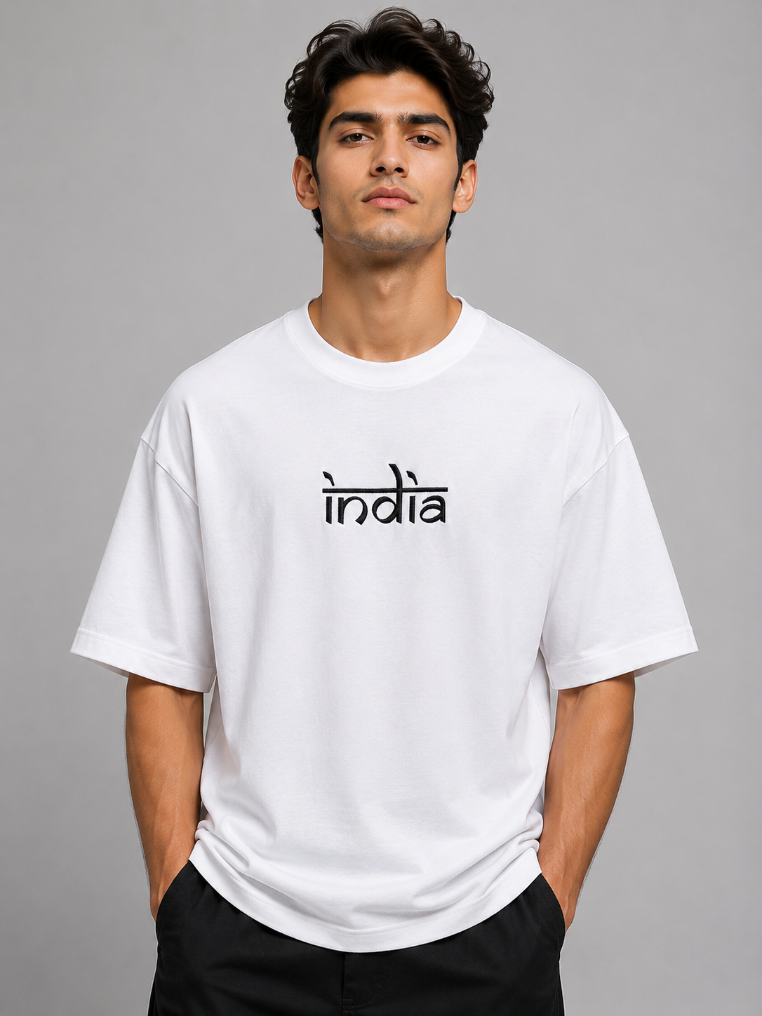 India Devanagari Style Embroidered Oversized T-Shirt | White