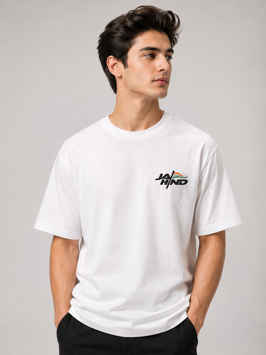 Jai Hind Flag Logo Embroidered Oversized T-Shirt | White
