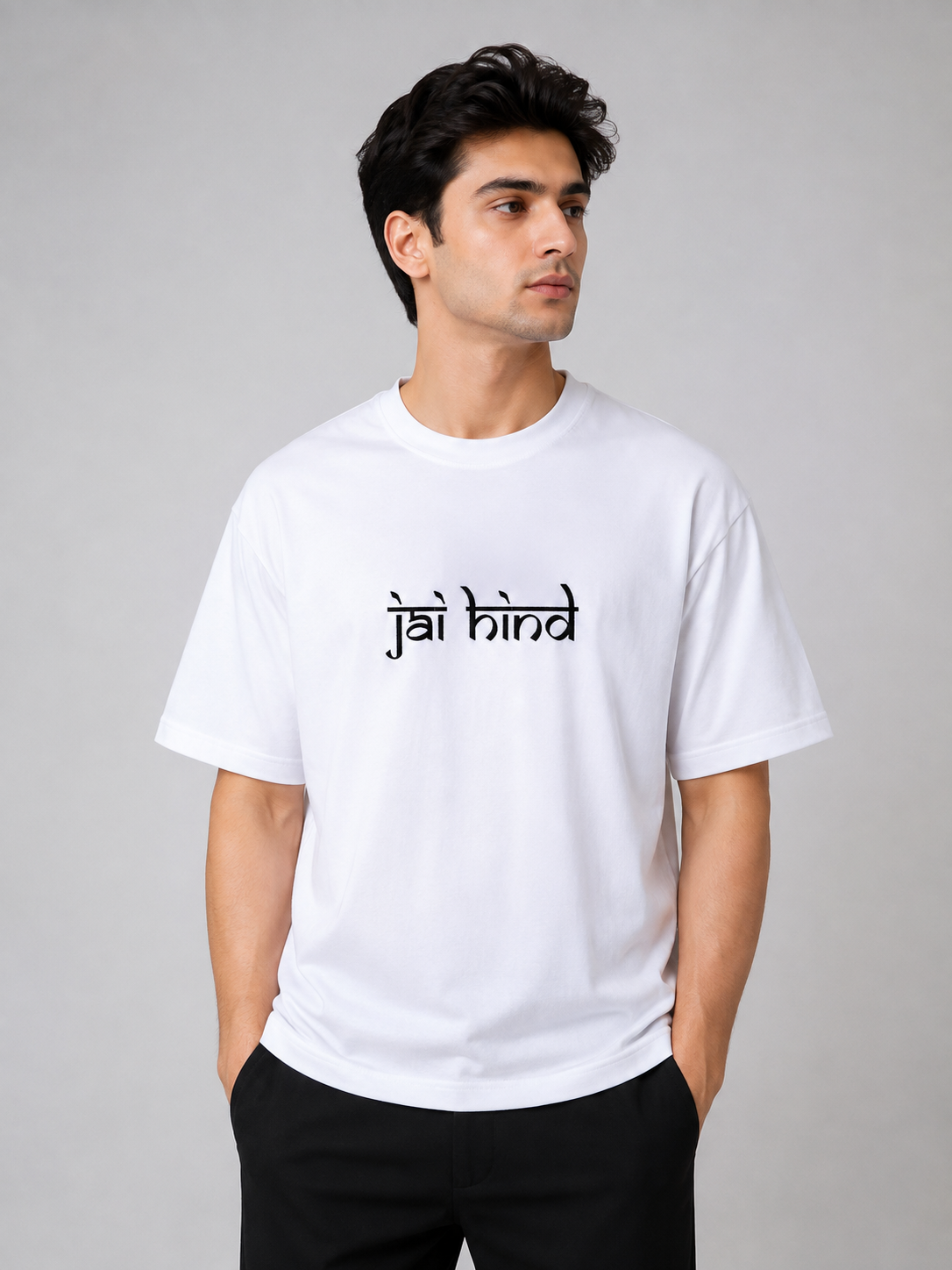 Jai Hind Script Embroidered Oversized T-Shirt | White
