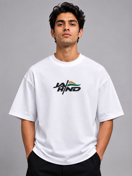 Jai Hind Bold 3D Embroidered Oversized T-Shirt | White