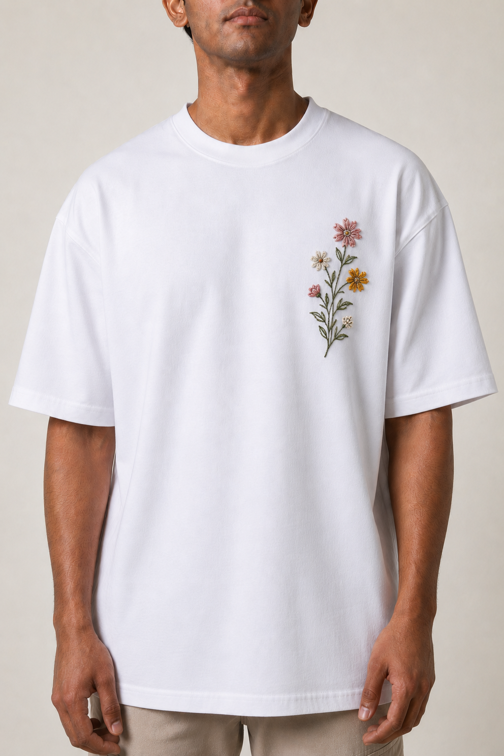 Wildflower Sprig Embroidered Oversized T-Shirt | White